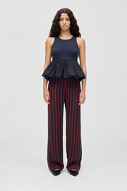 Stine Goya Elasticated Long Pants Pants Navy and Burgundy Wallpaper Stripes