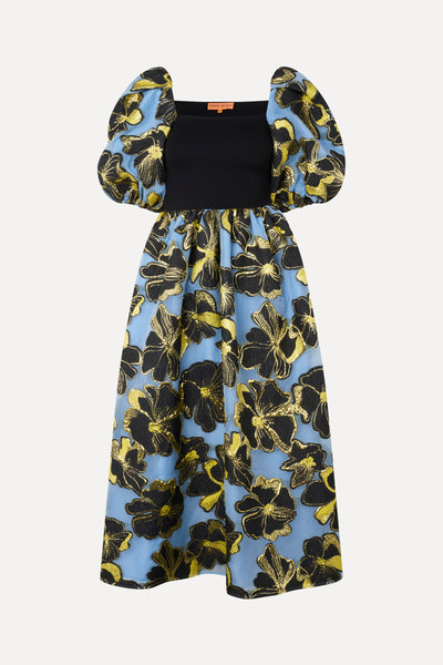 3/4 Sleeve Combo Bodice Midi Dress - Blue Anemone Jacquard - Stine