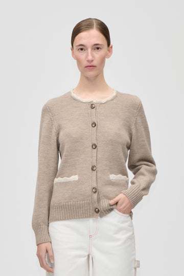 Stine Goya Crochet Trim Cardigan Knit Dark Oak