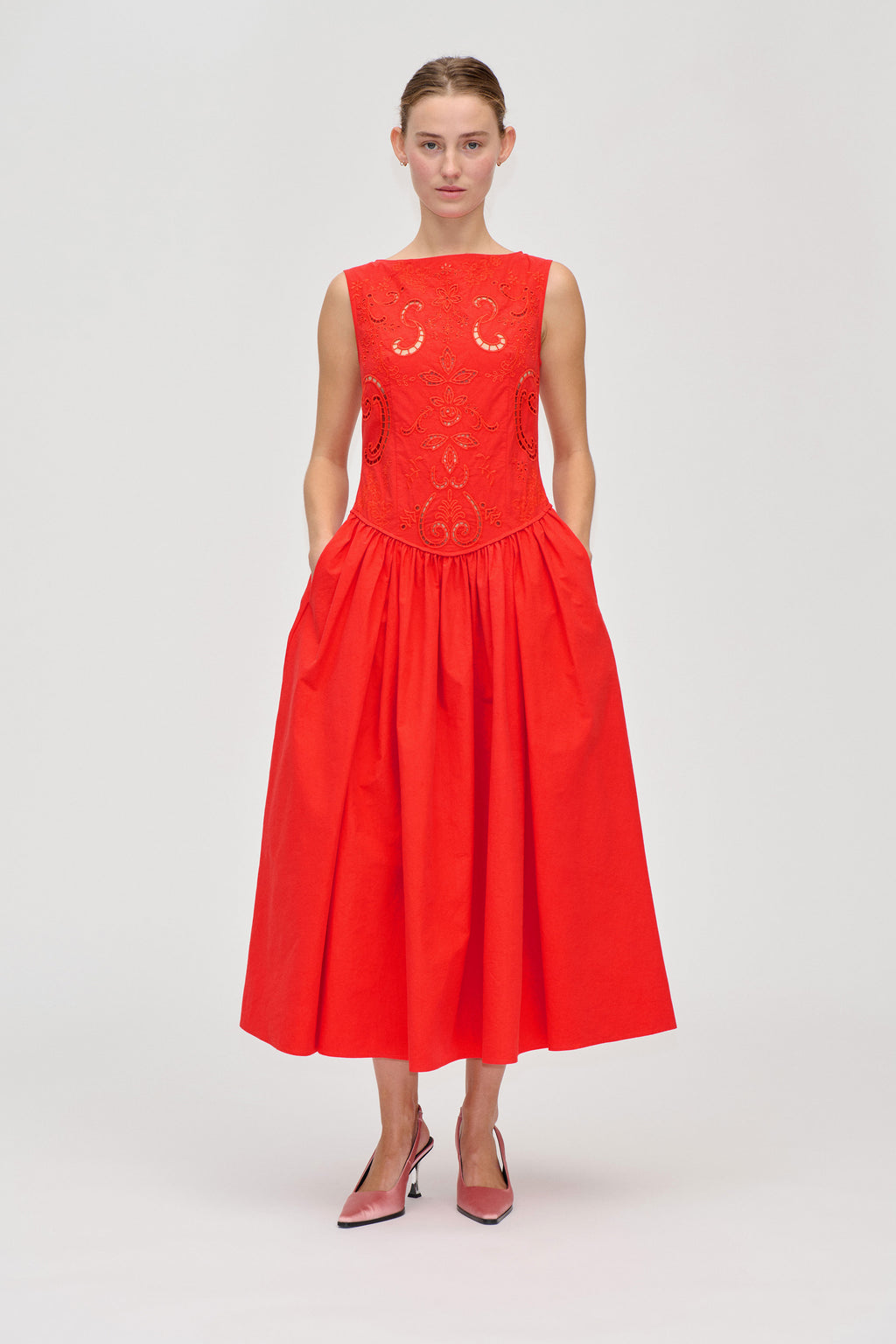 Stine Goya Embroidered Midi Dress Fiery Red