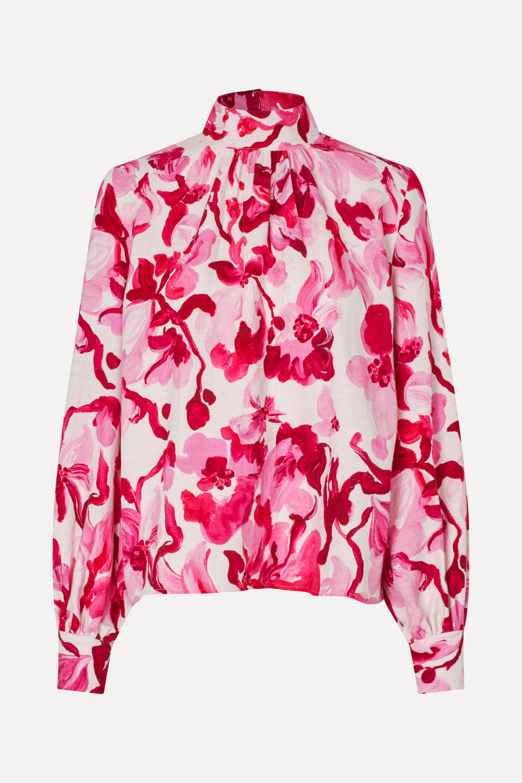 Gathered Highneck Long Sleeve Top - Brush Stroke Magnolias - Stine