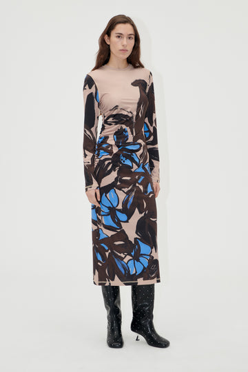 Gathered Long Sleeve Midi Dress - Eccentric Floral - Stine Goya