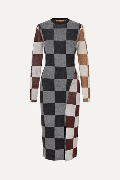 ワンピース Layered Checked Knit Dress yuri Midi_Fitted_Dress-Dress-SG-