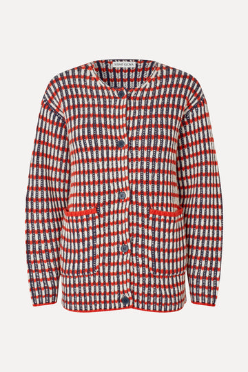 Stine Goya Plaited Cardigan with Pockets Knit Navy / Red / Cream