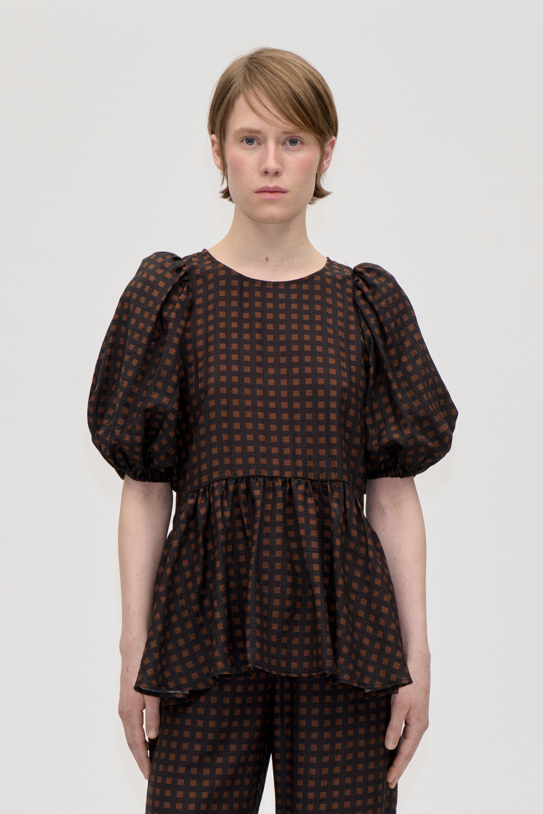 Puff Sleeve Peplum Top - Morgensol Checks - Stine Goya