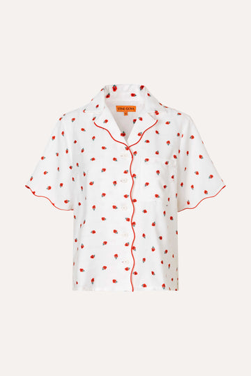 Stine Goya Scalloped Short Sleeve Shirt Top Red Poppy