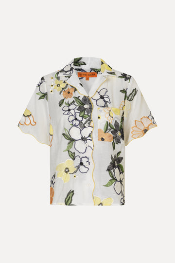 Stine Goya Scalloped Short Sleeve Shirt Top Wild Flowers Embroidery