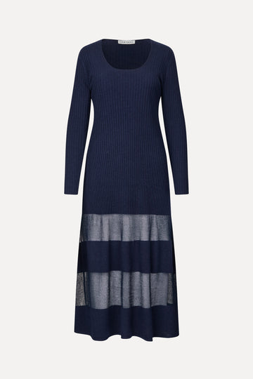 Stine Goya Scoopneck Fitted Long Sleeve Dress Knit Navy