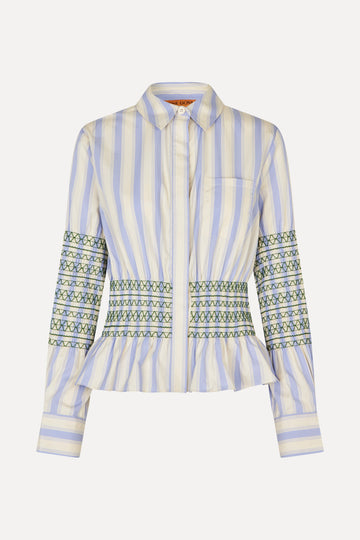 Stine Goya Smocked Gathered Boyfriend Shirt Top Pastel Stripes