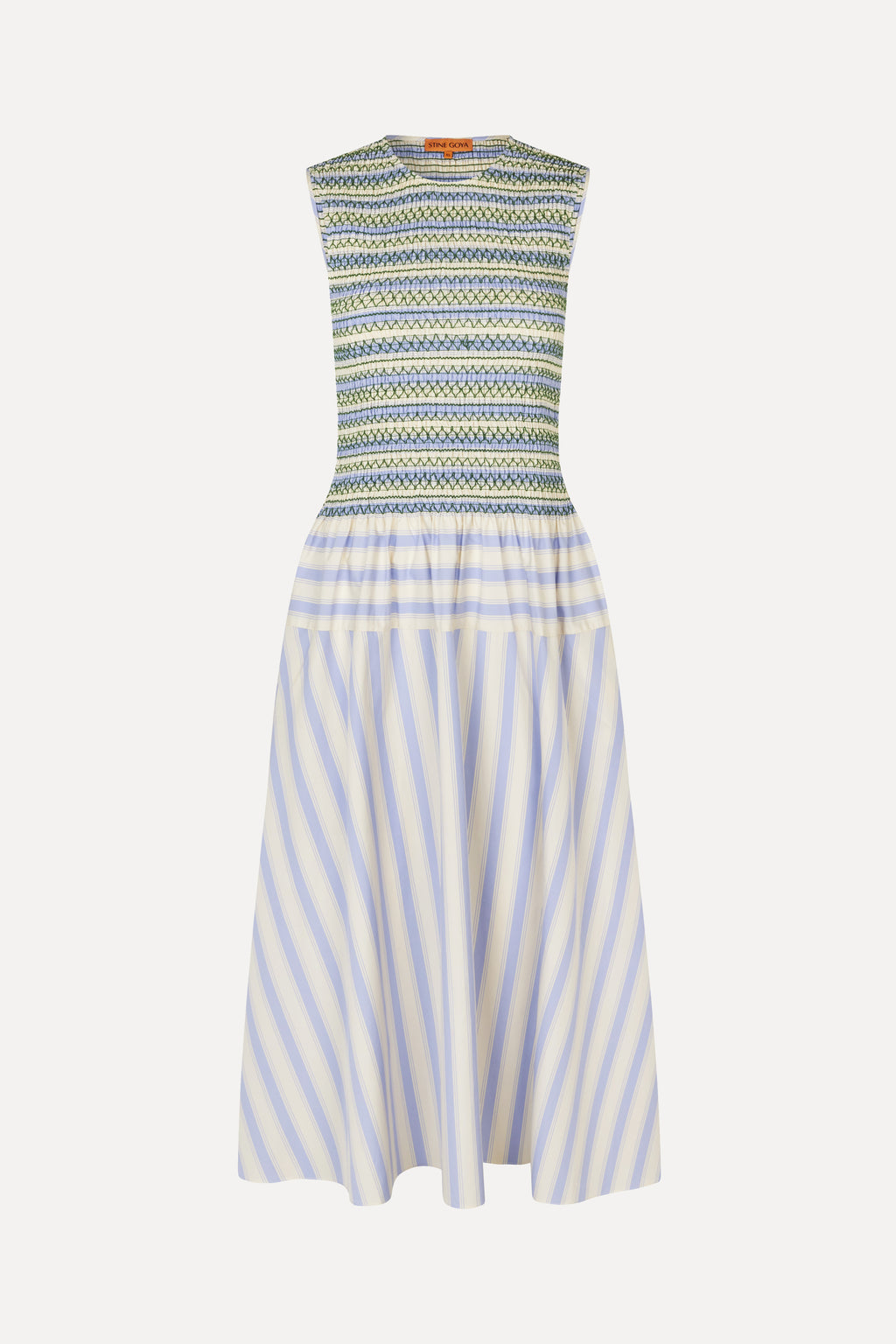 pastel striped dress Stine Goya Mixed Stripe Smock Bodice Organic Cotton in Stripes at Nordstrom, Size X-Large Pink Bodycon Dress Long The banded waist centers Maxi dresses Size:33W x 26L