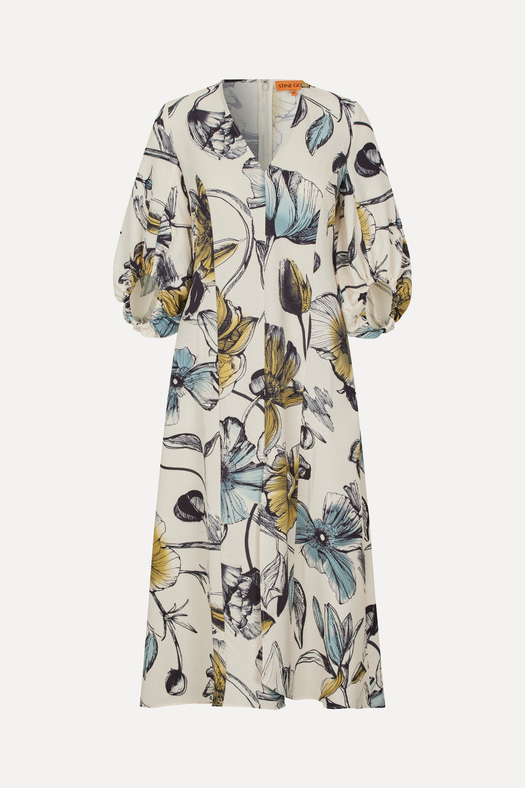 Three-Quarter Sleeve Midi Dress - Fine Line Poppies - Stine Goya Three-Quarter Sleeve Midi Dress - Fine Line Poppies - Stine Goya