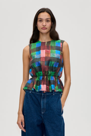 Stine Goya Top With Cinched Waist Top Watercolor Checks