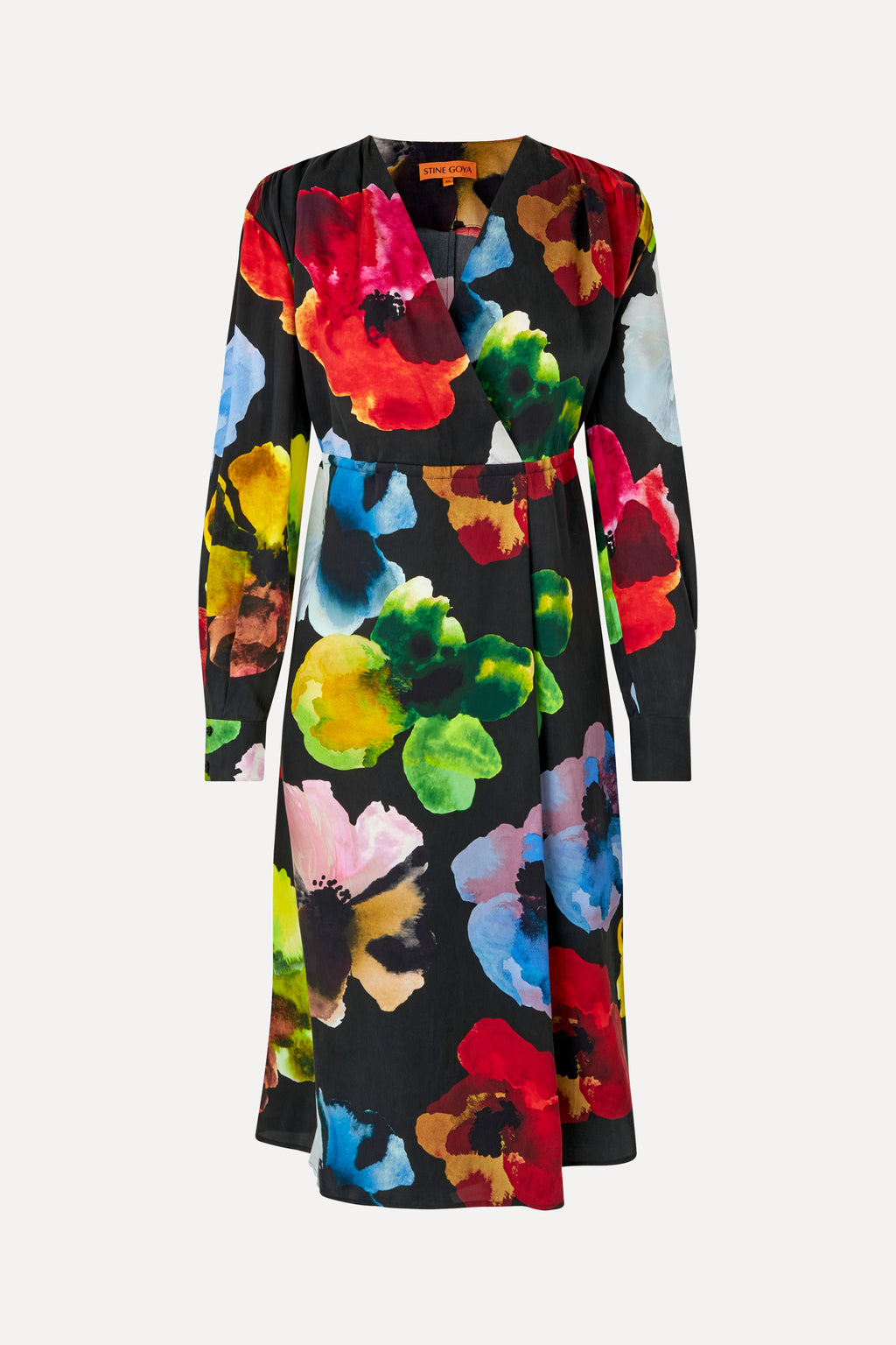 Stine Goya Voluminous V Neck Midi Dress Watercolor Bloom